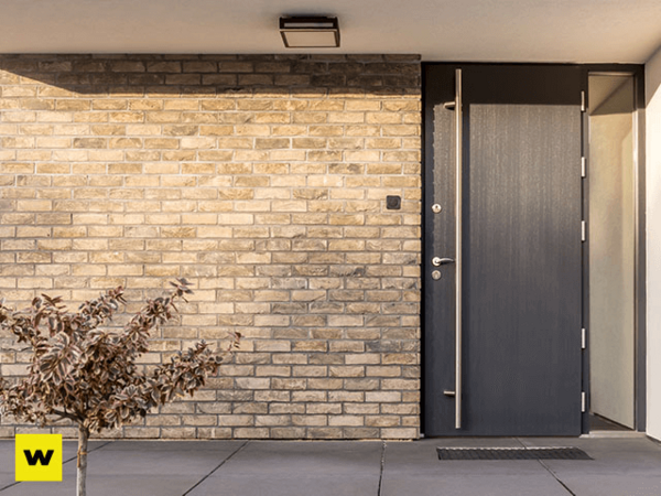 Moderne Haustür aus Metall neben heller Klinkerfassade mit kleiner Pflanze im Eingangsbereich.
